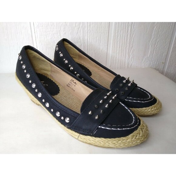 Yoki Shoes - Yoki Holly Womens Black Vegan Wedge Heel Espadrille Metal Spikes Slip On Shoe 7